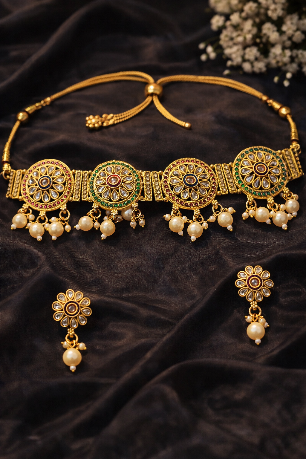 Traditional Kundan Pearl Choker Necklace Set with Matching Earrings for Women