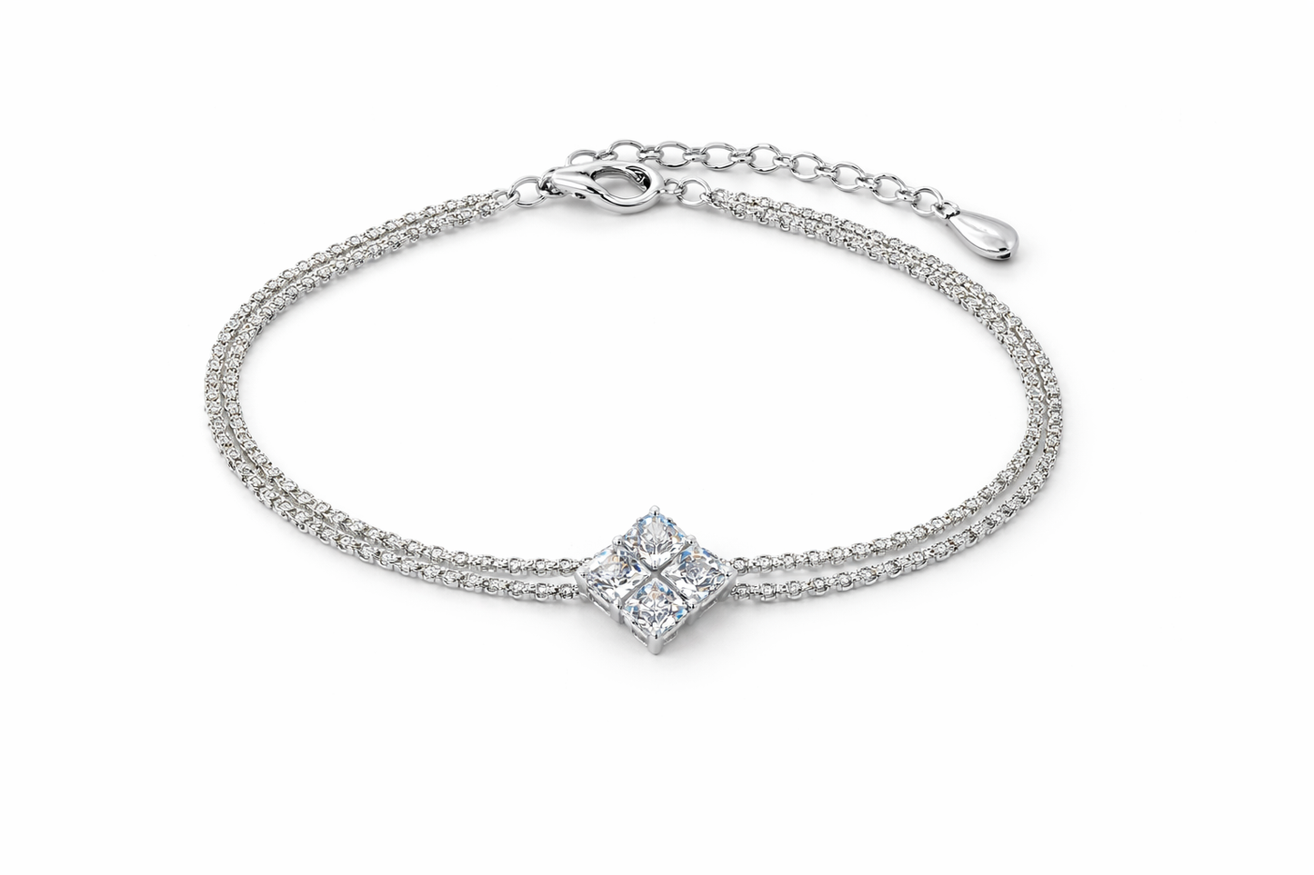 Silver Crystal Double Chain Bracelet with Square Stone for Women