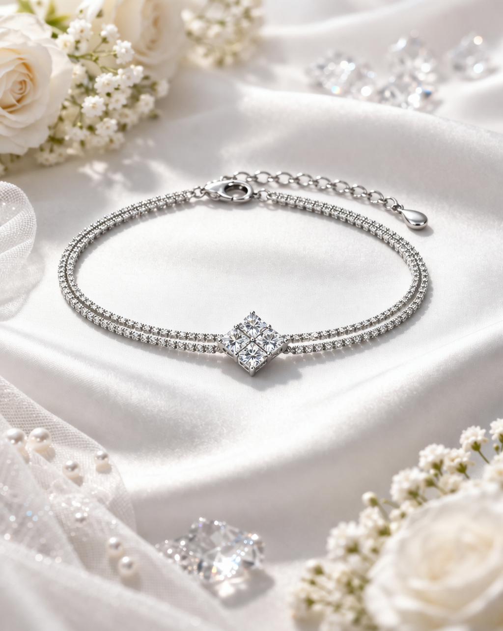 Silver Crystal Double Chain Bracelet with Square Stone for Women