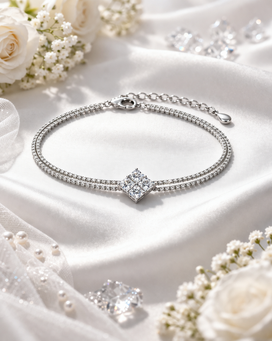 Silver Crystal Double Chain Bracelet with Square Stone for Women