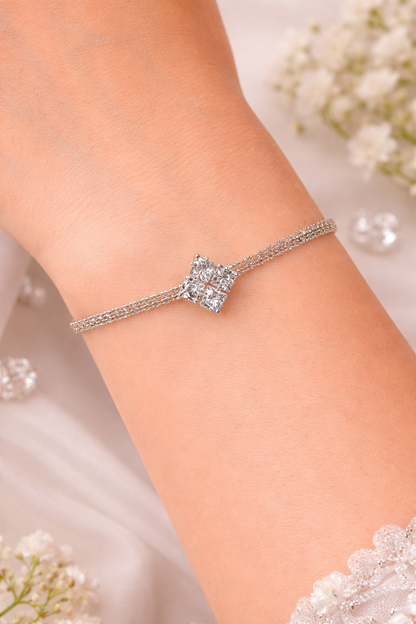 Silver Crystal Double Chain Bracelet with Square Stone for Women