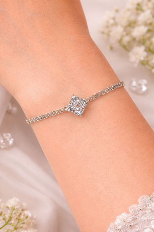 Silver Crystal Double Chain Bracelet with Square Stone for Women