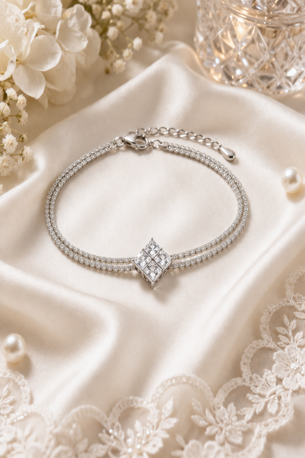 Silver Crystal Double Chain Bracelet with Square Stone for Women