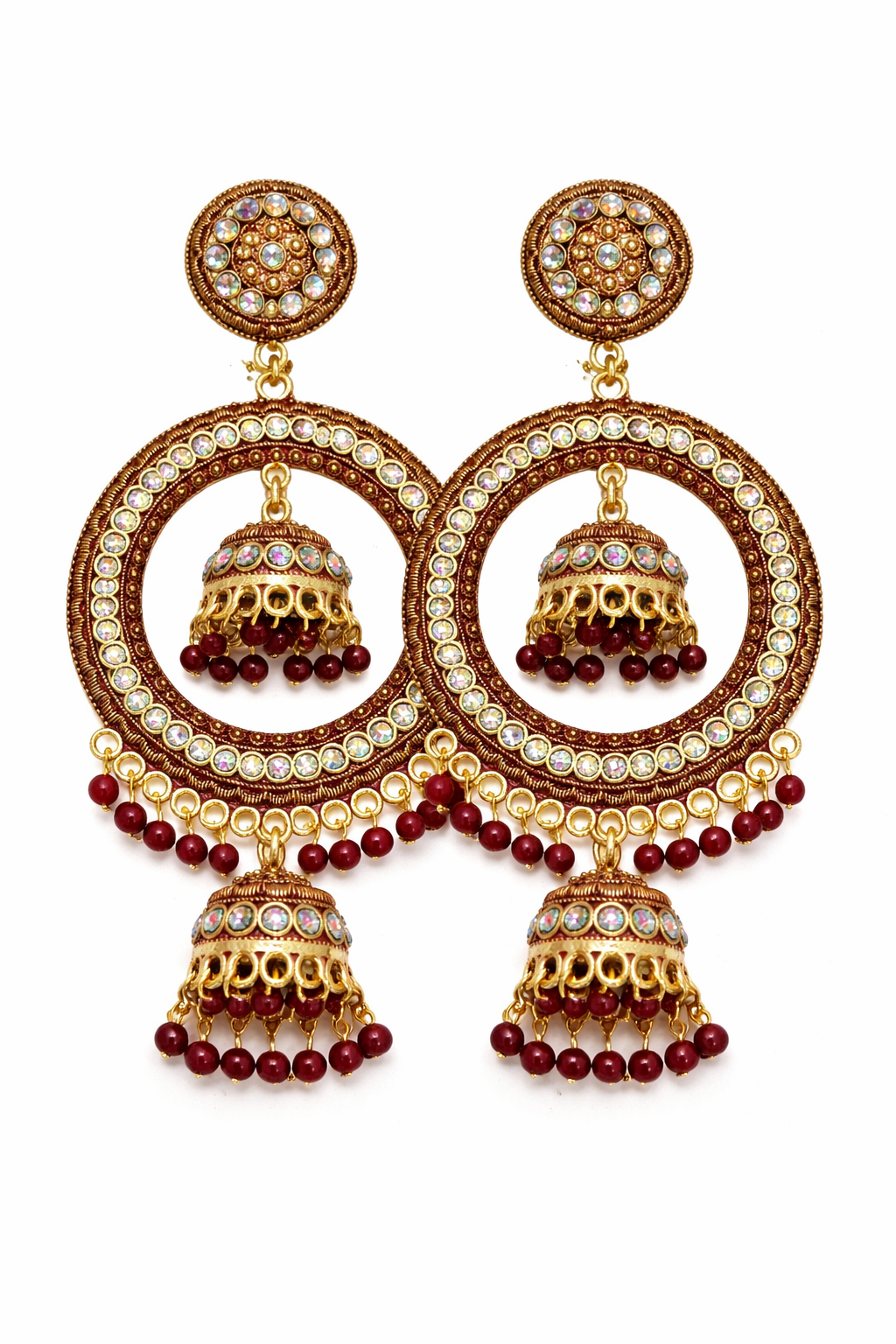 Antique Chandbali Jhumka Earrings with Red Beads