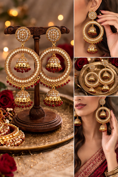 Antique Chandbali Jhumka Earrings with Red Beads