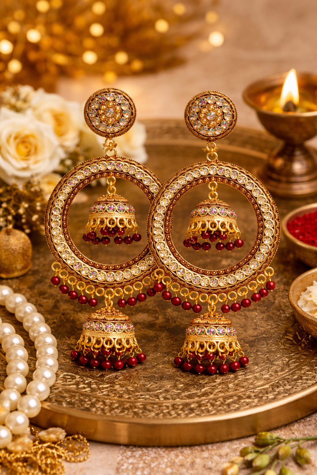 Traditional Antique Gold Chandbali Jhumka Earrings with Red Beads for Women