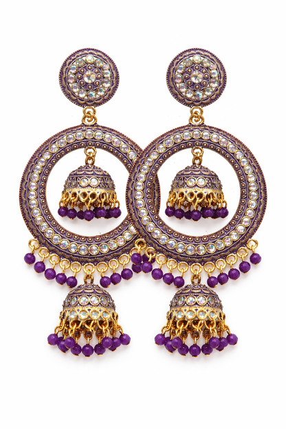 Purple Chandbali Jhumka Earrings with Beads for Women