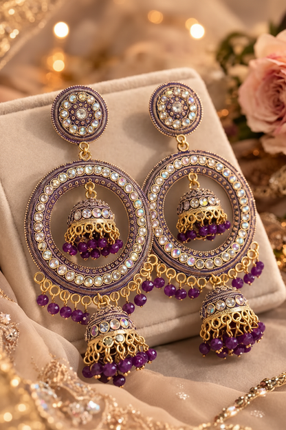 Purple Chandbali Jhumka Earrings with Beads for Women
