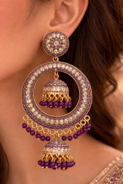 Purple Chandbali Jhumka Earrings with Beads for Women