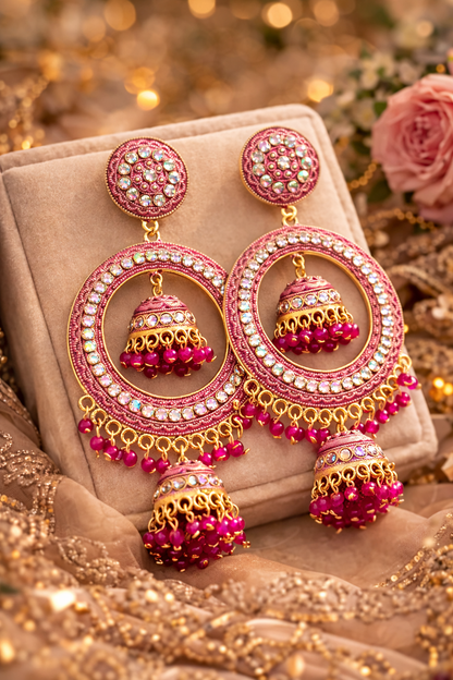 Pink Chandbali Jhumka Earrings with Beads for Women