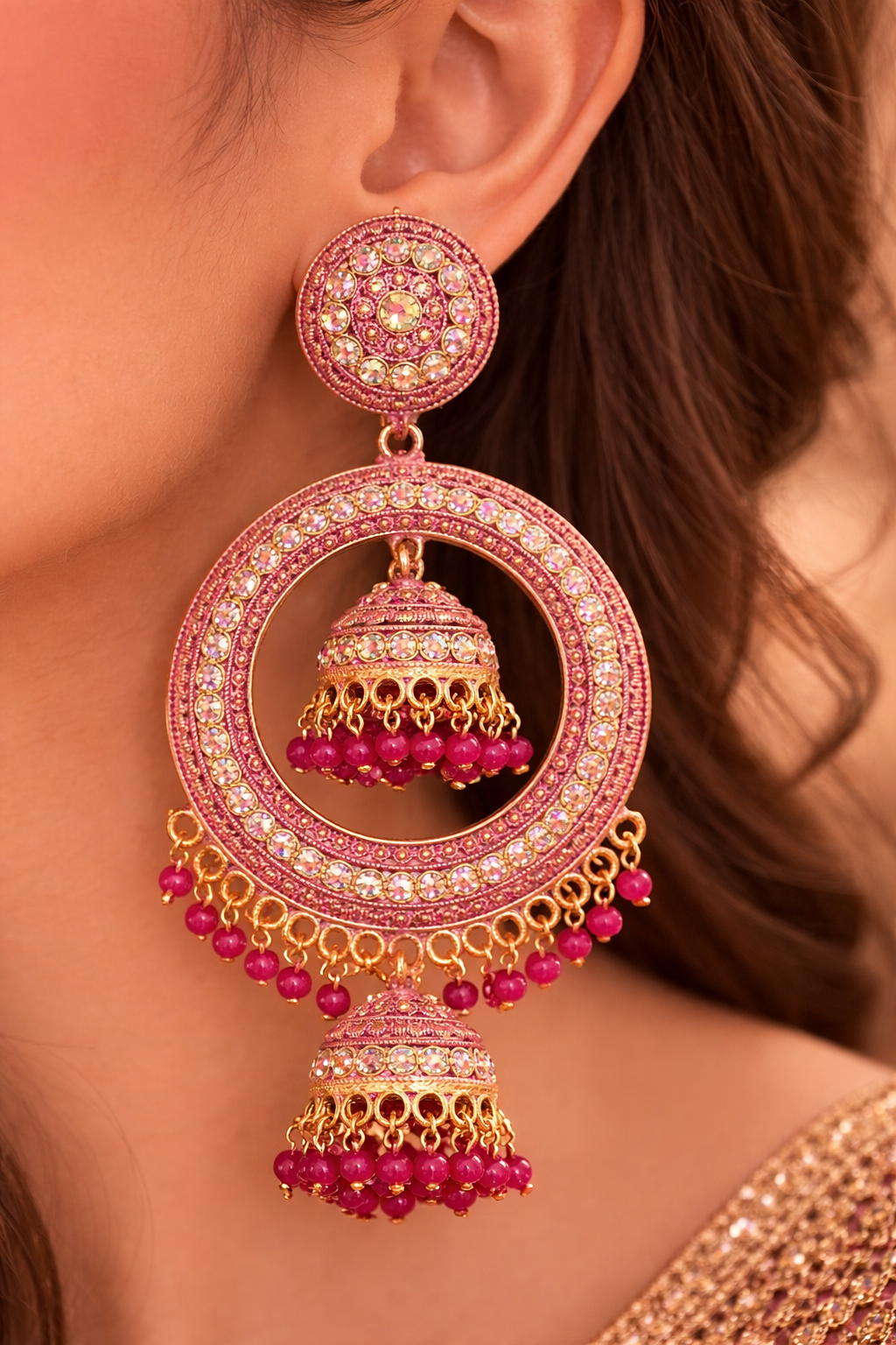 Pink Chandbali Jhumka Earrings with Beads for Women