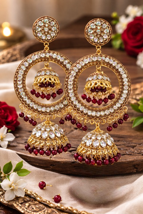 Traditional Antique Gold Chandbali Jhumka Earrings with Maroon Beads for Women