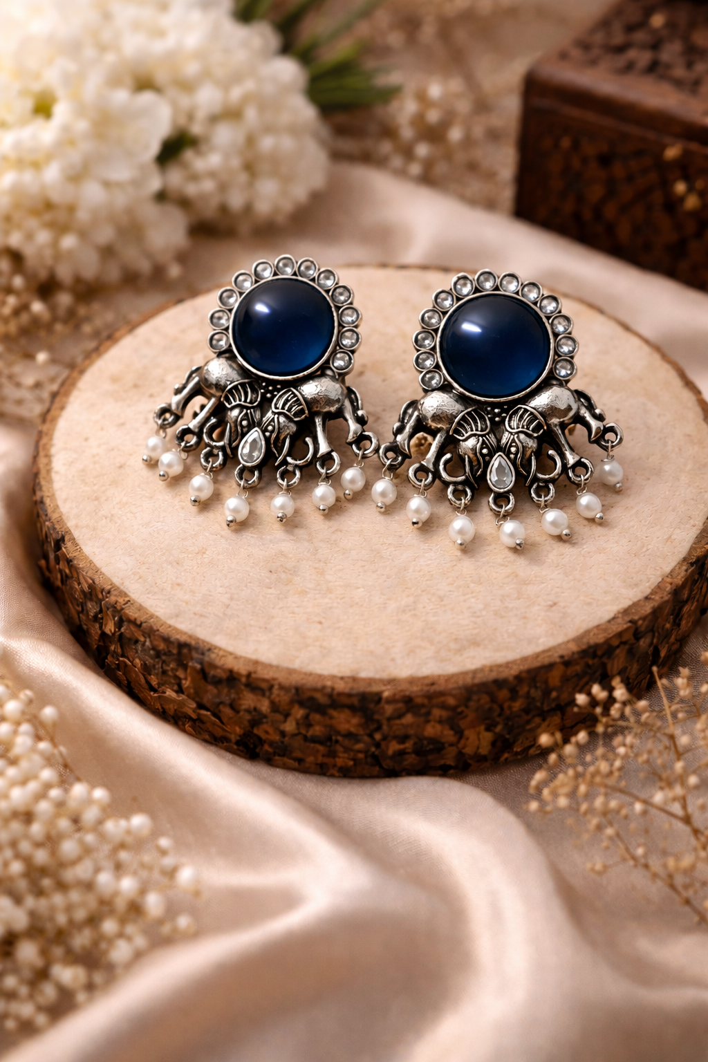 Oxidised Elephant Pearl Drop Earrings with Blue Stone
