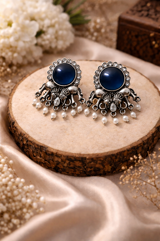 Oxidised Elephant Pearl Drop Earrings with Blue Stone