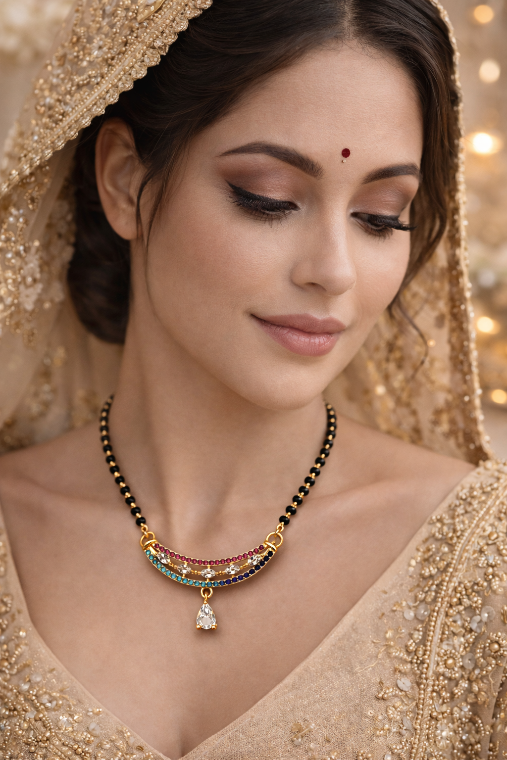 Gold-Plated Multicolor AD Mangalsutra Necklace with Drop Pendant