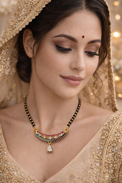 Gold-Plated Multicolor AD Mangalsutra Necklace with Drop Pendant
