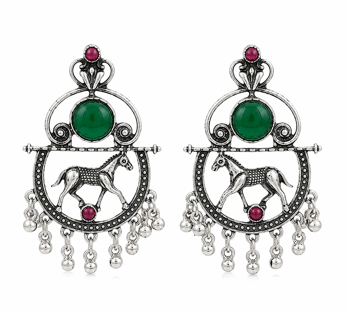 Oxidised Silver Horse Motif Green Stone Ghungroo Drop Earrings for Women