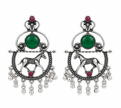 Oxidised Silver Horse Motif Green Stone Ghungroo Drop Earrings for Women