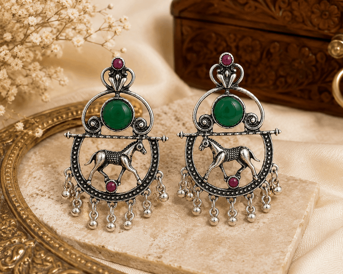 Oxidised Silver Horse Motif Green Stone Ghungroo Drop Earrings for Women