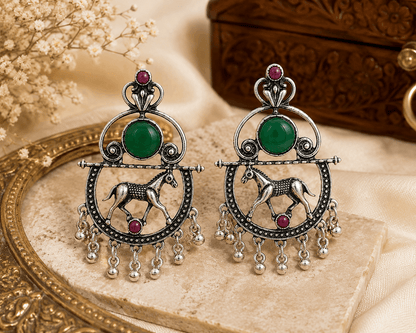 Oxidised Silver Horse Motif Green Stone Ghungroo Drop Earrings for Women