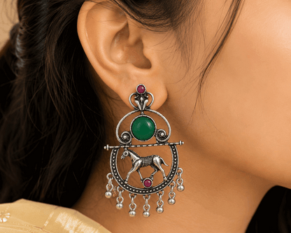Oxidised Silver Horse Motif Green Stone Ghungroo Drop Earrings for Women