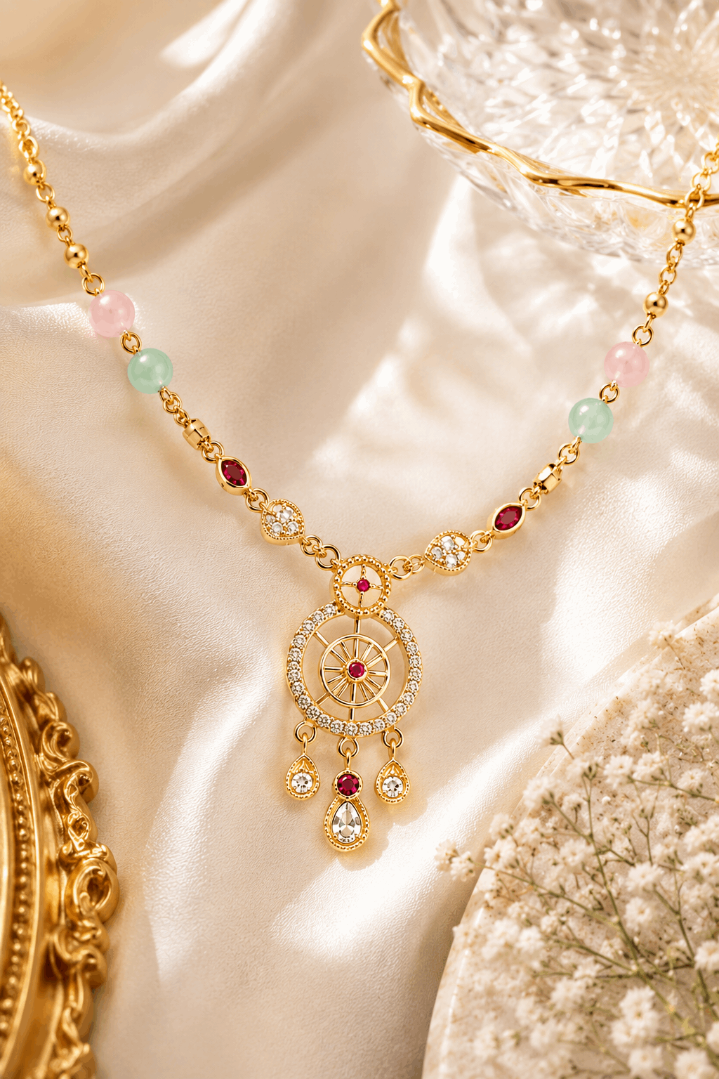 Gold-Plated Dreamcatcher Pendant Multicolor Bead AD Necklace Chain