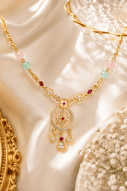 Gold-Plated Dreamcatcher Pendant Multicolor Bead AD Necklace Chain