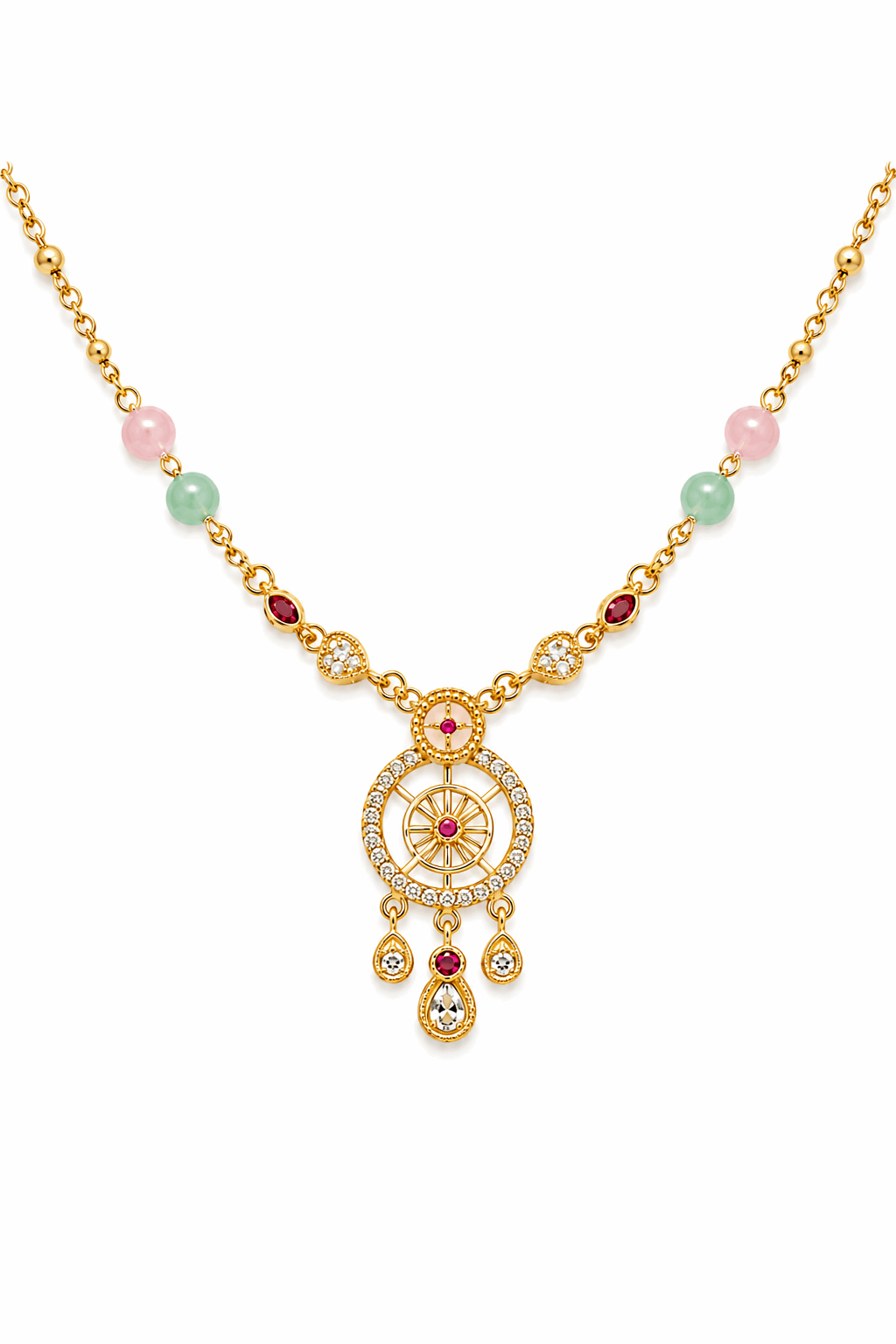 Gold-Plated Dreamcatcher Pendant Multicolor Bead AD Necklace Chain