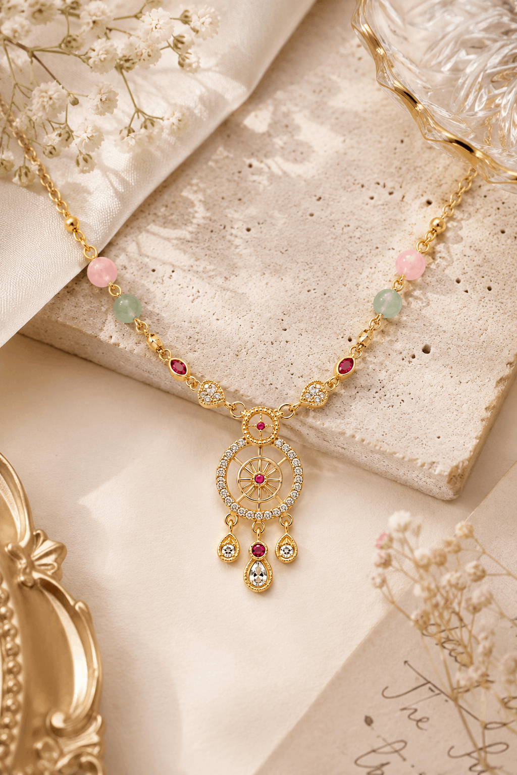 Gold-Plated Dreamcatcher Pendant Multicolor Bead AD Necklace Chain