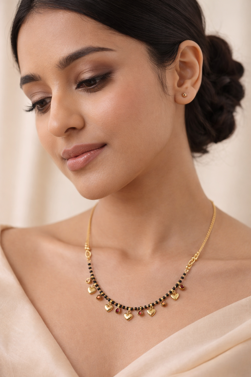 Gold-Plated Heart Charm Red Stone Drop Mangalsutra Necklace