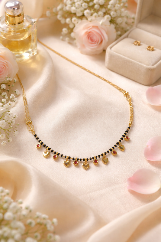 Gold-Plated Heart Charm Red Stone Drop Mangalsutra Necklace