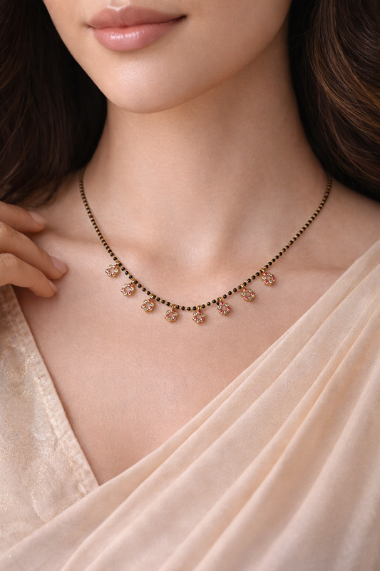 Gold-Plated CZ Floral Charm AD Mangalsutra Necklace