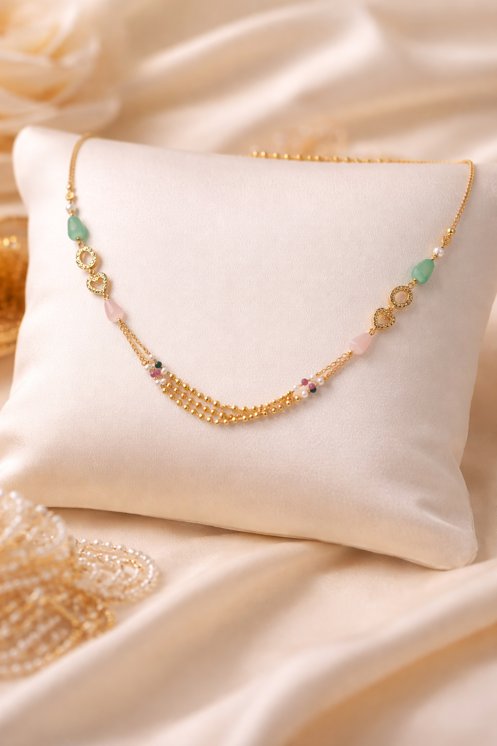 Gold-Plated Multicolor Bead Chain Heart Charm Layered Necklace
