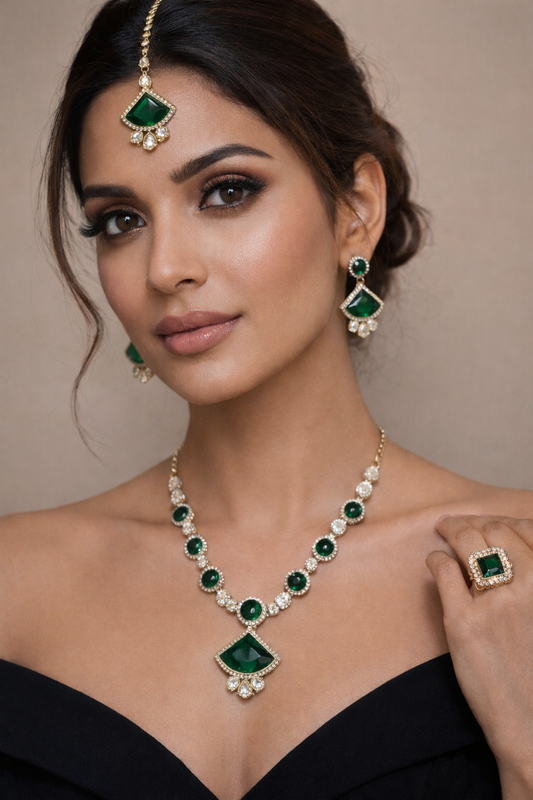 Gold-Plated Green Stone Necklace Set with Earrings, Maang Tikka & Ring
