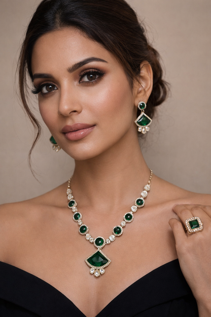 Gold-Plated Green Stone Necklace Set with Earrings, Maang Tikka & Ring