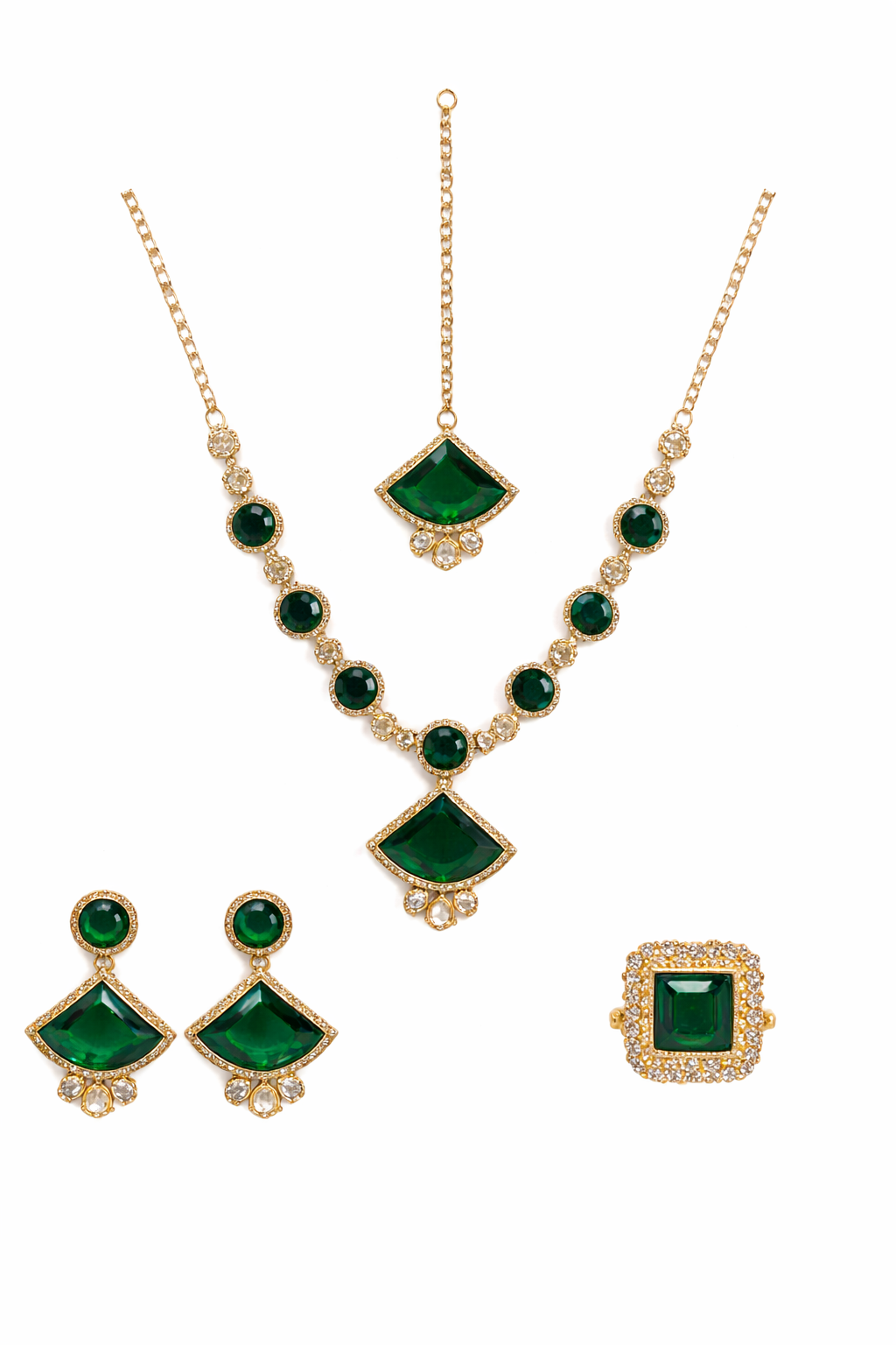 Gold-Plated Green Stone Necklace Set with Earrings, Maang Tikka & Ring