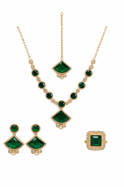 Gold-Plated Green Stone Necklace Set with Earrings, Maang Tikka & Ring