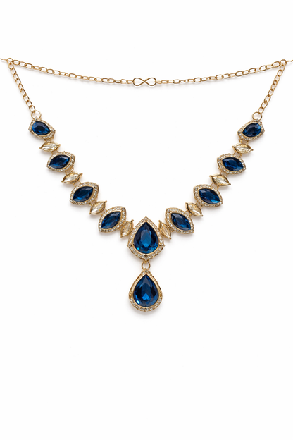 Gold-Plated Royal Blue Stone Necklace Set with Earrings, Maang Tikka & Ring