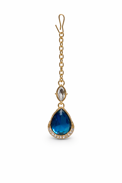 Gold-Plated Royal Blue Stone Necklace Set with Earrings, Maang Tikka & Ring