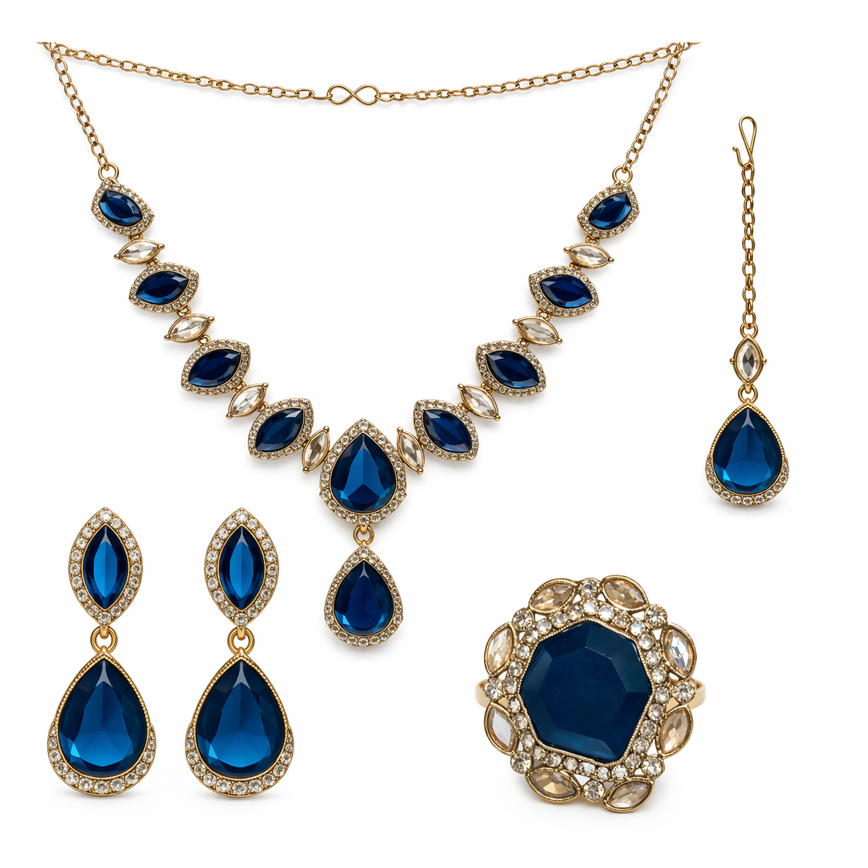 Gold-Plated Royal Blue Stone Necklace Set with Earrings, Maang Tikka & Ring
