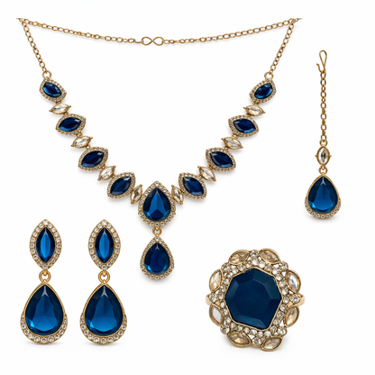 Gold-Plated Royal Blue Stone Necklace Set with Earrings, Maang Tikka & Ring