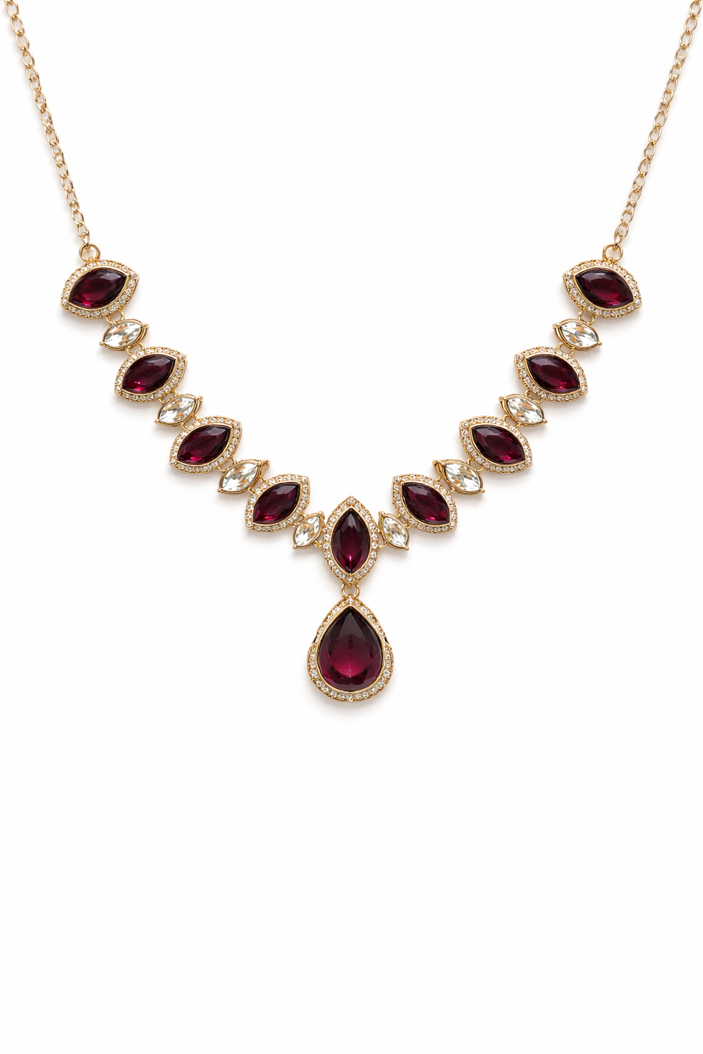 Gold-Plated Deep Wine Stone Necklace Set with Earrings, Maang Tikka & Ring