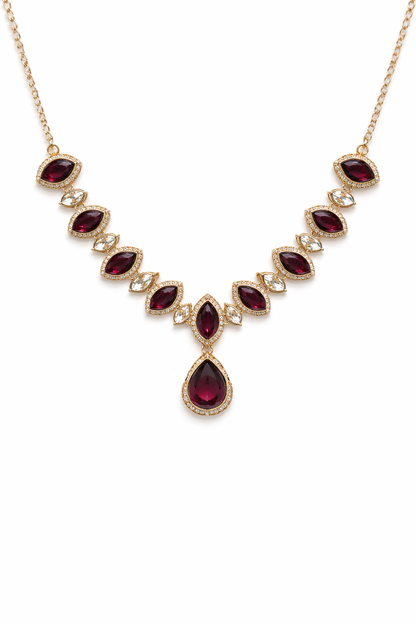 Gold-Plated Deep Wine Stone Necklace Set with Earrings, Maang Tikka & Ring