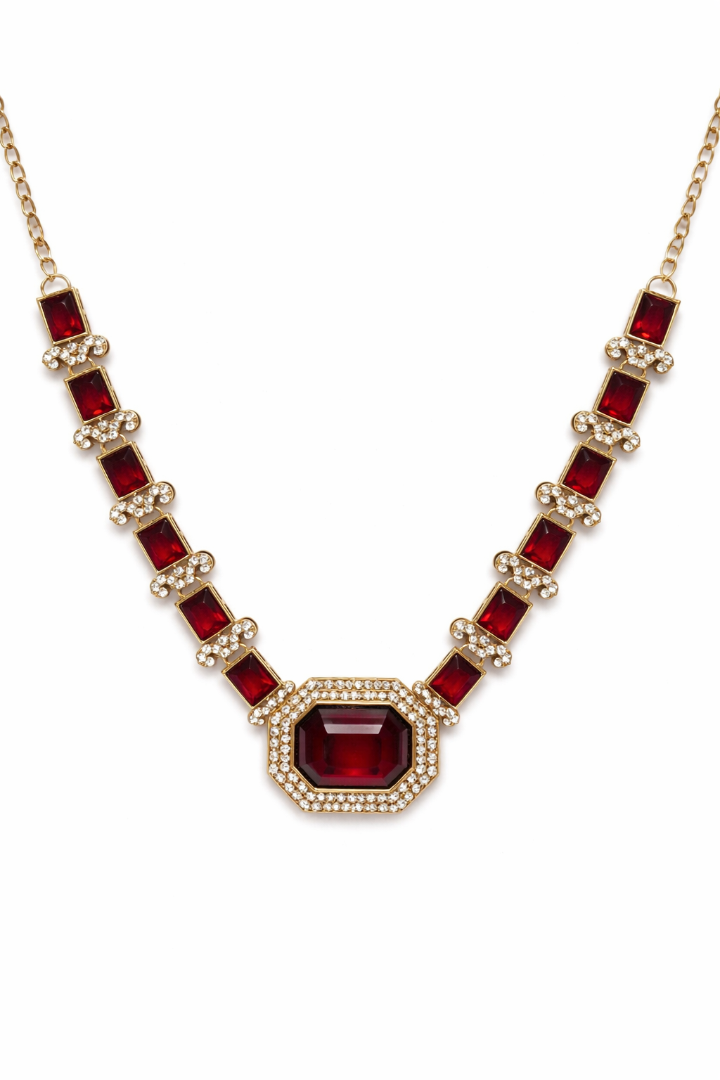 Gold-Plated Deep Ruby Red Stone Necklace Set with Earrings, Maang Tikka & Ring