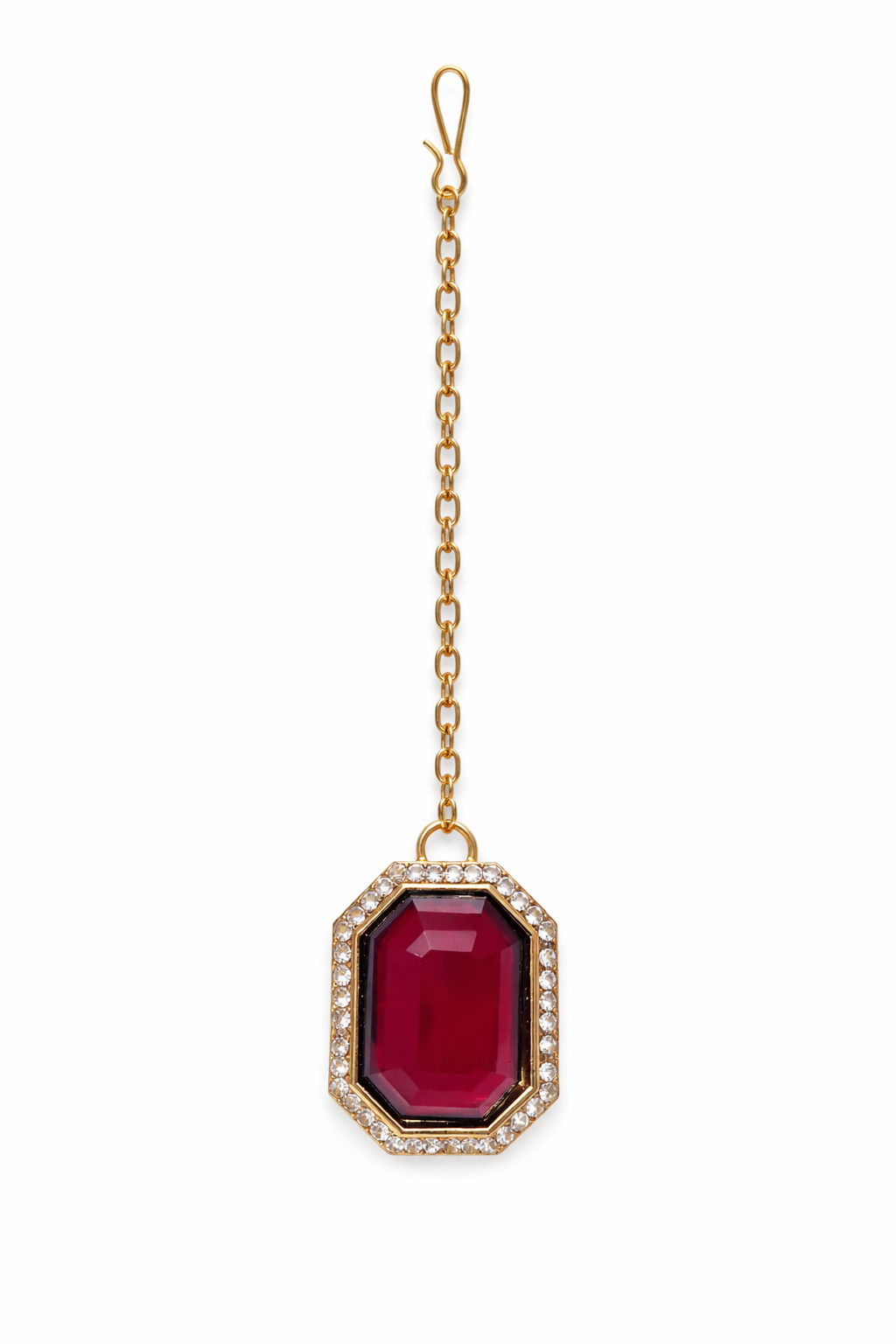 Gold-Plated Deep Ruby Red Stone Necklace Set with Earrings, Maang Tikka & Ring