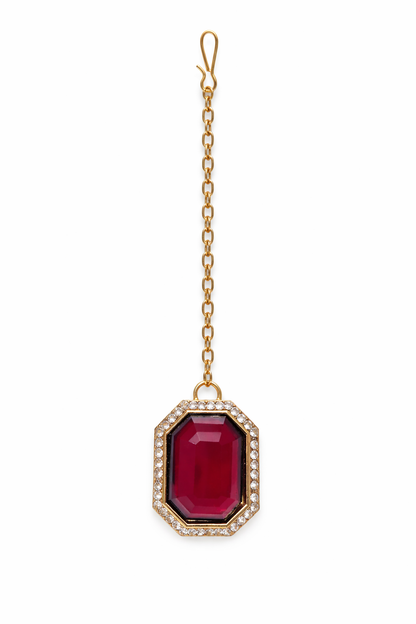 Gold-Plated Deep Ruby Red Stone Necklace Set with Earrings, Maang Tikka & Ring