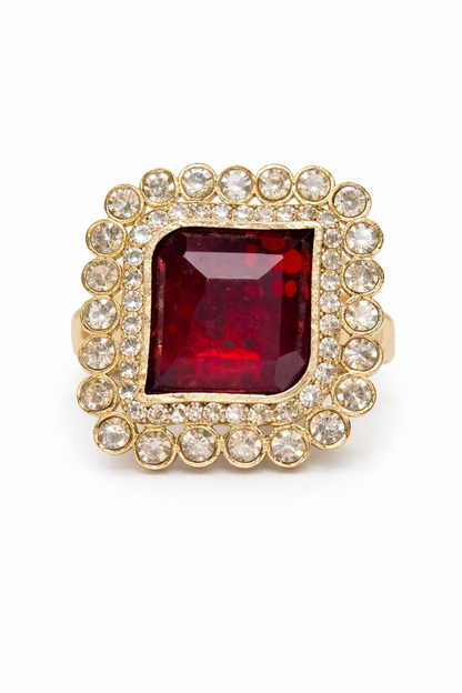 Gold-Plated Deep Ruby Red Stone Necklace Set with Earrings, Maang Tikka & Ring
