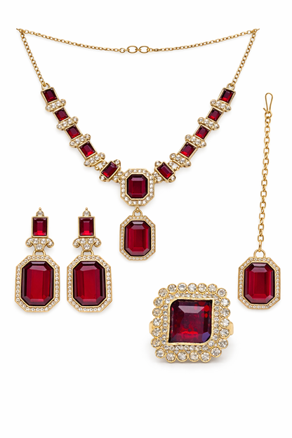Gold-Plated Deep Ruby Red Stone Necklace Set with Earrings, Maang Tikka & Ring