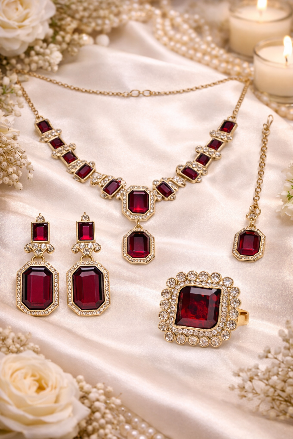 Gold-Plated Deep Ruby Red Stone Necklace Set with Earrings, Maang Tikka & Ring