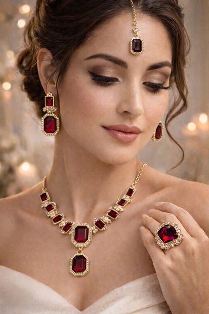 Gold-Plated Deep Ruby Red Stone Necklace Set with Earrings, Maang Tikka & Ring